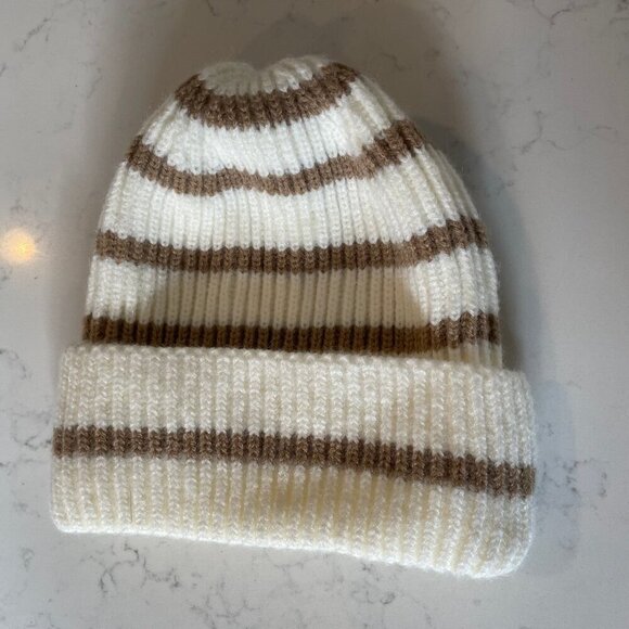 Hand Crafted Cozy Knit Ribbed Striped Toque Neutral Cream & Tan Sz OS - no tags - Picture 5 of 5